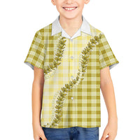 Yellow Hawaii Palaka Family Matching Short Sleeve Bodycon Dress and Hawaiian Shirt Hawaiian Pikake Lei