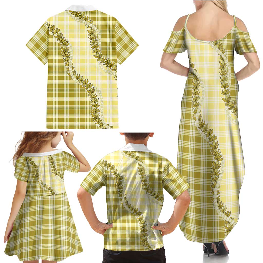 Yellow Hawaii Palaka Family Matching Summer Maxi Dress and Hawaiian Shirt Hawaiian Pikake Lei