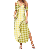 Yellow Hawaii Palaka Family Matching Summer Maxi Dress and Hawaiian Shirt Hawaiian Pikake Lei