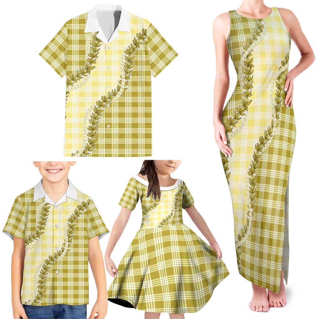Yellow Hawaii Palaka Family Matching Tank Maxi Dress and Hawaiian Shirt Hawaiian Pikake Lei