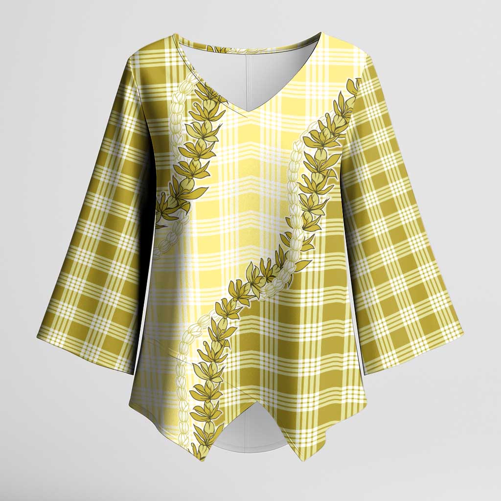 Yellow Hawaii Palaka Kimono Sleeve Blouse Hawaiian Pikake Lei