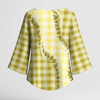 Yellow Hawaii Palaka Kimono Sleeve Blouse Hawaiian Pikake Lei LT05 - Polynesian Pride