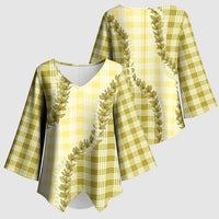 Yellow Hawaii Palaka Kimono Sleeve Blouse Hawaiian Pikake Lei LT05 - Polynesian Pride