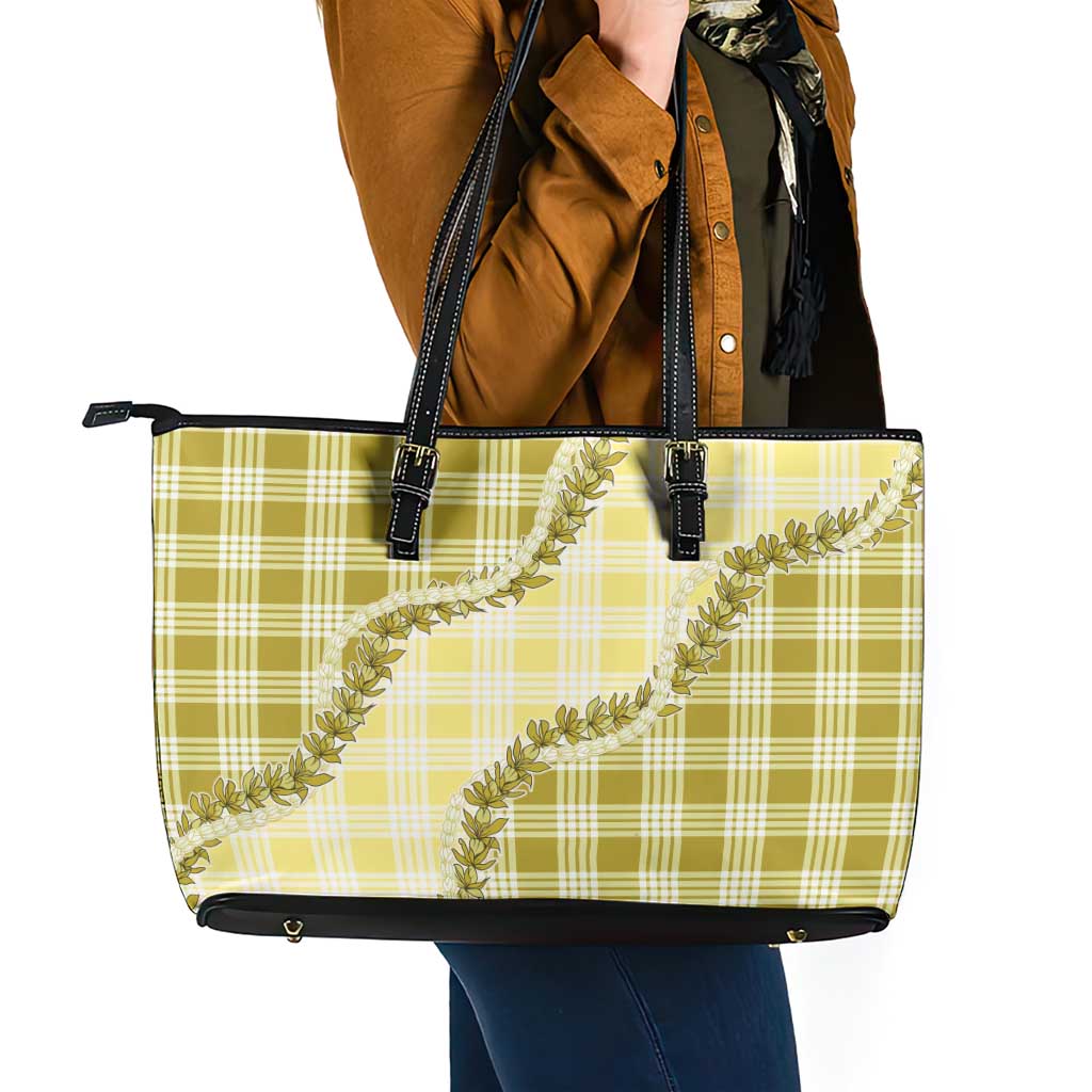 Yellow Hawaii Palaka Leather Tote Bag Hawaiian Pikake Lei LT05 - Polynesian Pride
