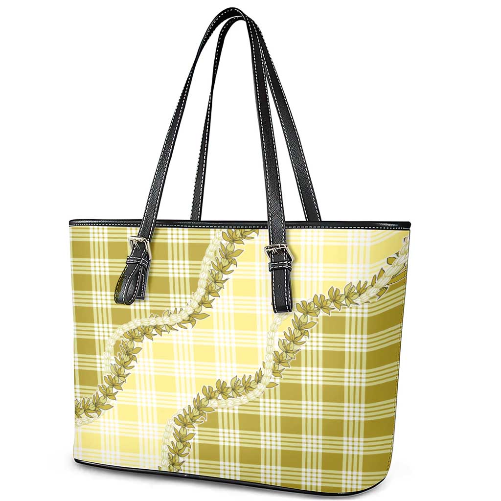 Yellow Hawaii Palaka Leather Tote Bag Hawaiian Pikake Lei LT05 - Polynesian Pride