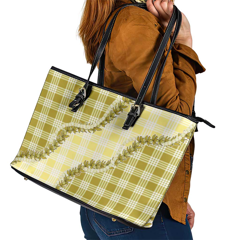 Yellow Hawaii Palaka Leather Tote Bag Hawaiian Pikake Lei LT05 - Polynesian Pride