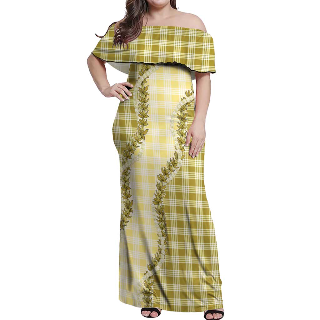 Yellow Hawaii Palaka Off Shoulder Maxi Dress Hawaiian Pikake Lei