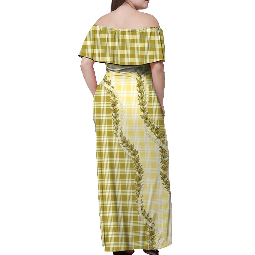 Yellow Hawaii Palaka Off Shoulder Maxi Dress Hawaiian Pikake Lei