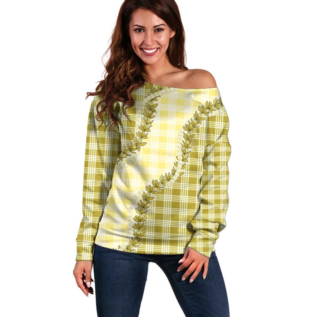 Yellow Hawaii Palaka Off Shoulder Sweater Hawaiian Pikake Lei