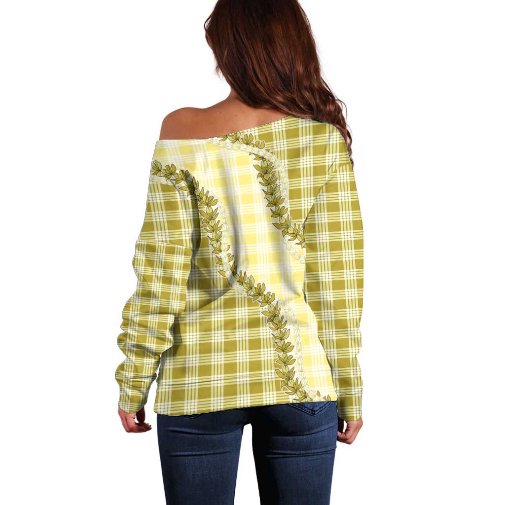 Yellow Hawaii Palaka Off Shoulder Sweater Hawaiian Pikake Lei