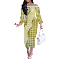 Yellow Hawaii Palaka Off The Shoulder Long Sleeve Dress Hawaiian Pikake Lei LT05 Women Yellow - Polynesian Pride