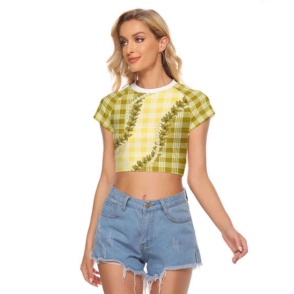 Yellow Hawaii Palaka Raglan Cropped T Shirt Hawaiian Pikake Lei LT05 Female Yellow - Polynesian Pride