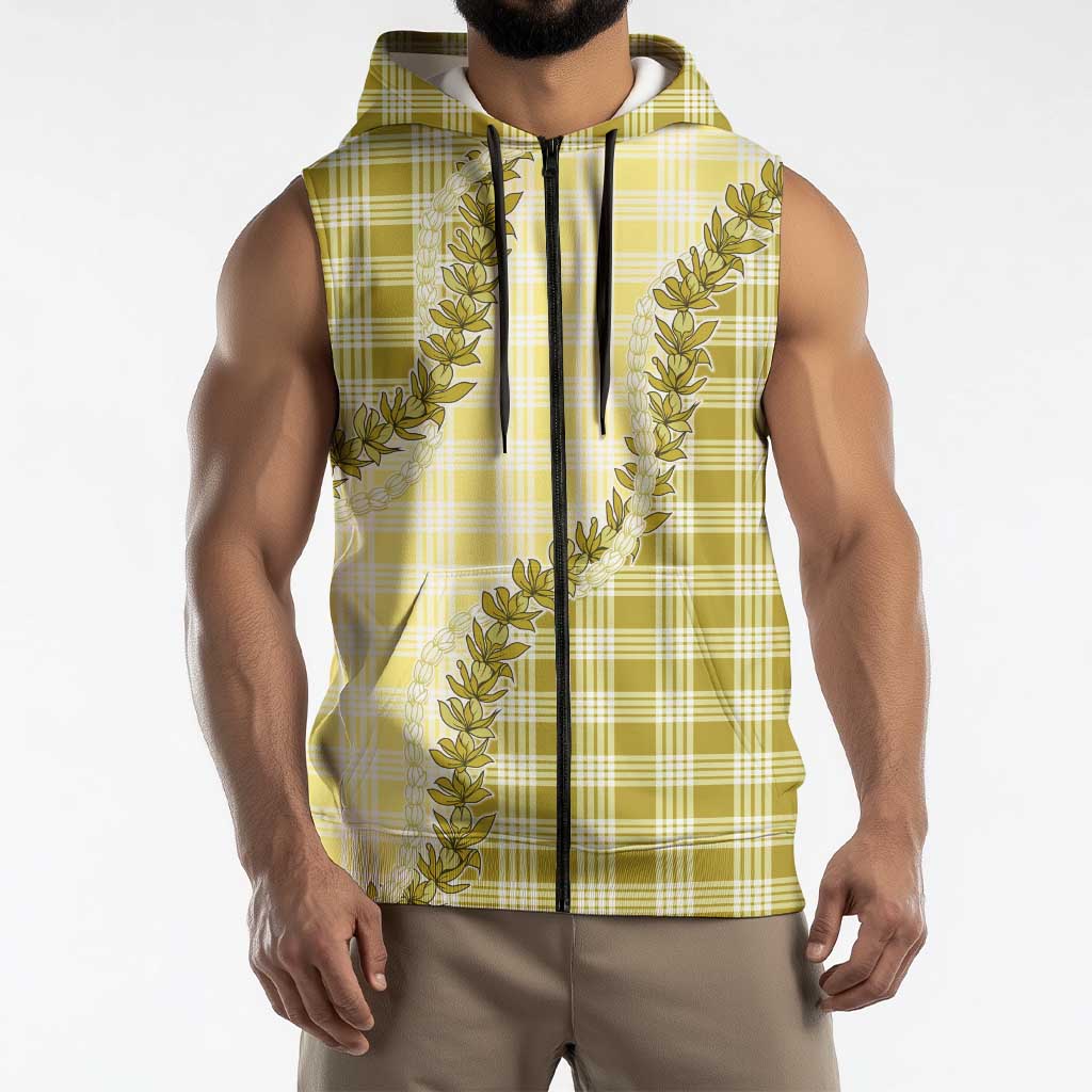 Yellow Hawaii Palaka Sleeveless Zip Hoodie Hawaiian Pikake Lei LT05 - Polynesian Pride
