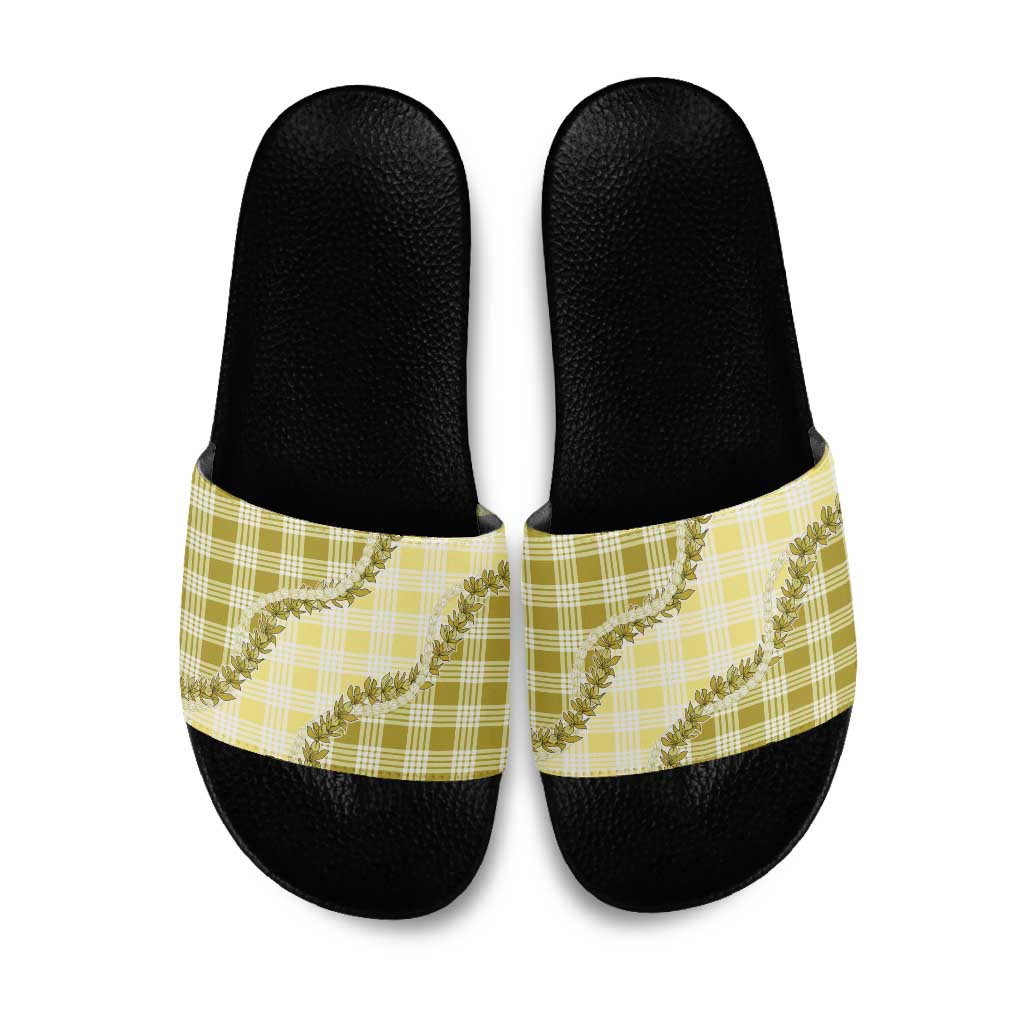 Yellow Hawaii Palaka Slide Sandals Hawaiian Pikake Lei
