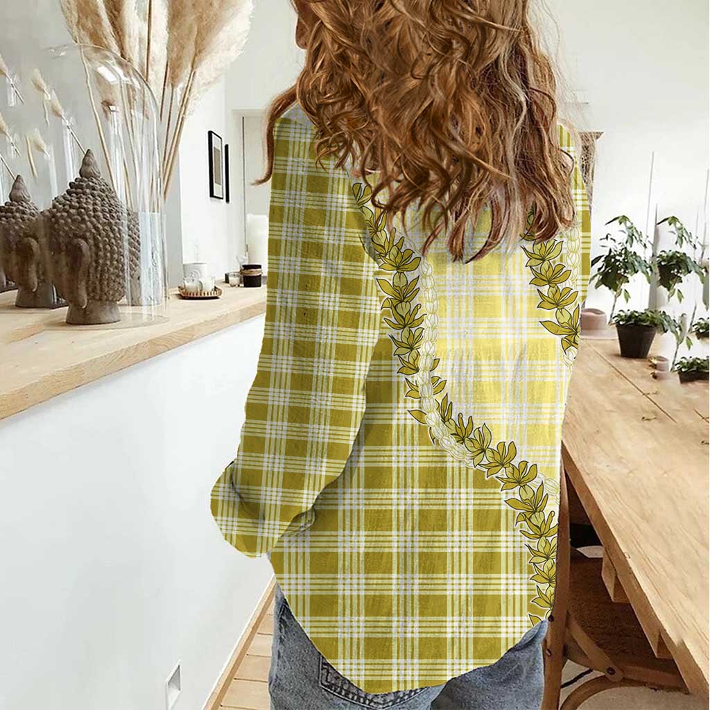 Yellow Hawaii Palaka Women Casual Shirt Hawaiian Pikake Lei