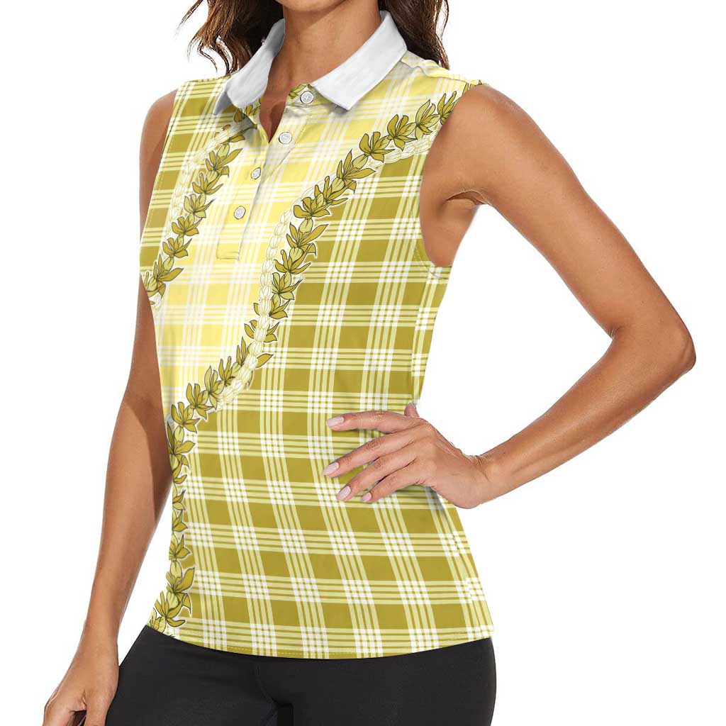Yellow Hawaii Palaka Women Sleeveless Polo Shirt Hawaiian Pikake Lei LT05 - Polynesian Pride