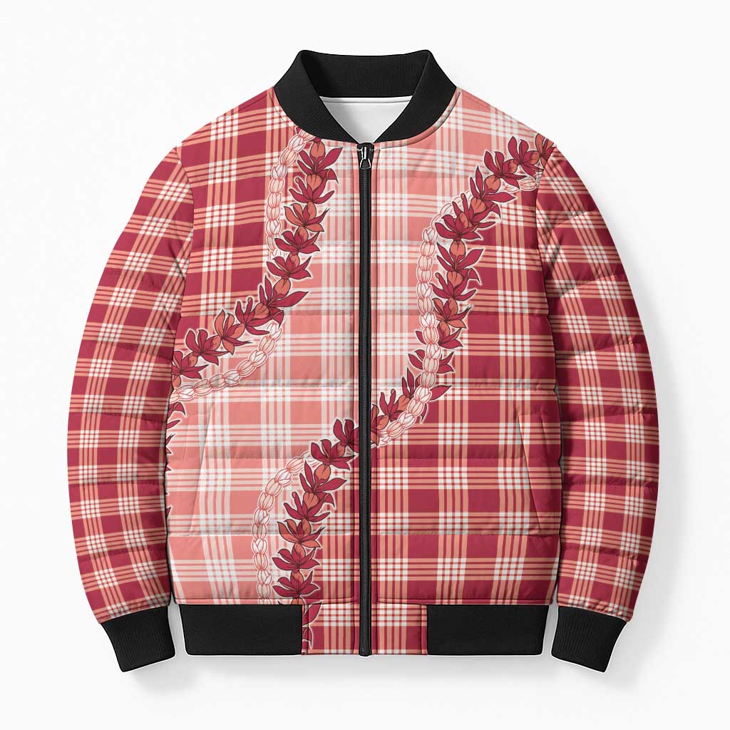 Red Hawaii Palaka Bomber Puffer Jacket Hawaiian Pikake Lei LT05 Unisex Red - Polynesian Pride