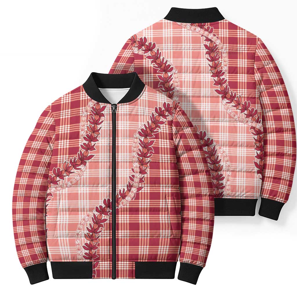 Red Hawaii Palaka Bomber Puffer Jacket Hawaiian Pikake Lei LT05 - Polynesian Pride