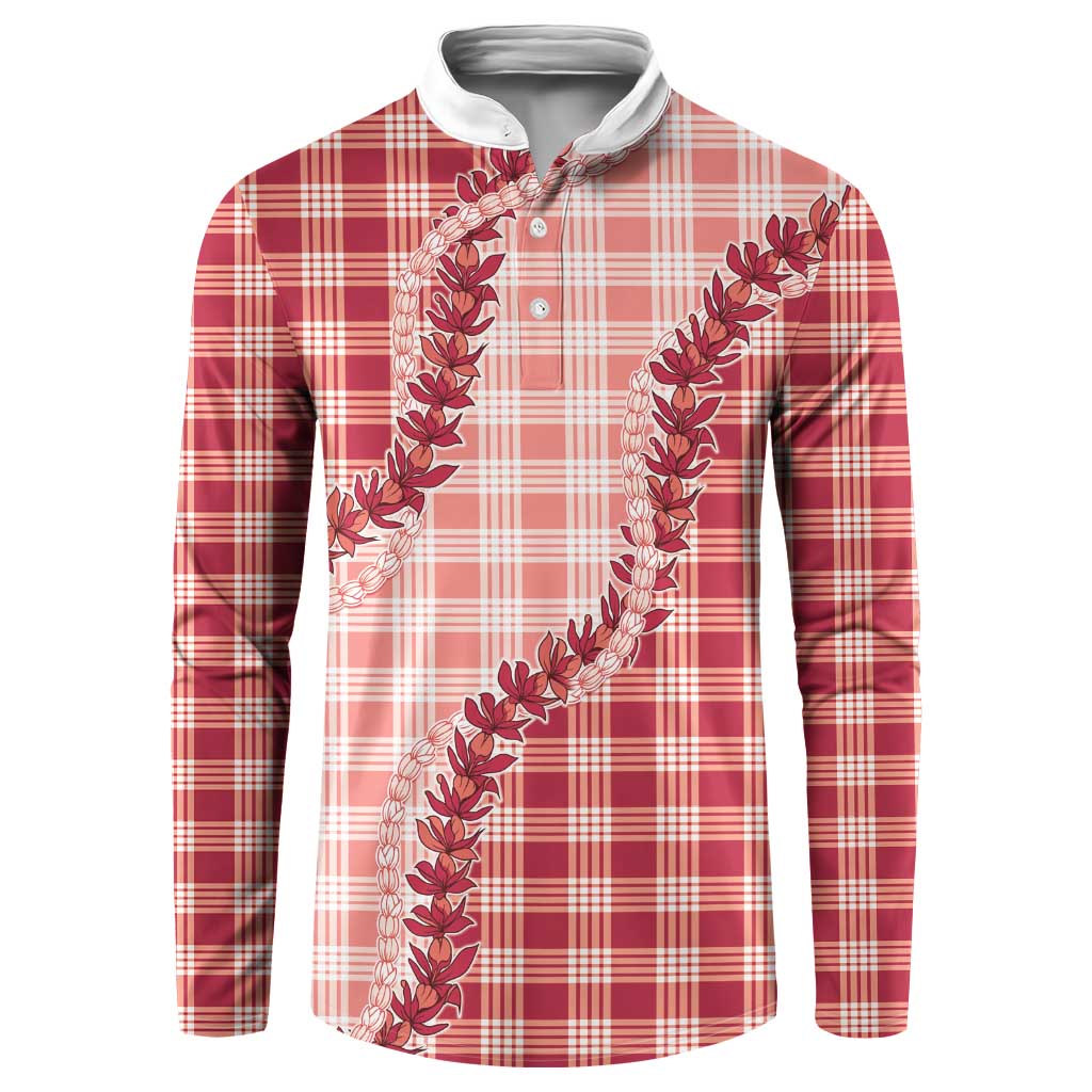 Red Hawaii Palaka Button Sweatshirt Hawaiian Pikake Lei