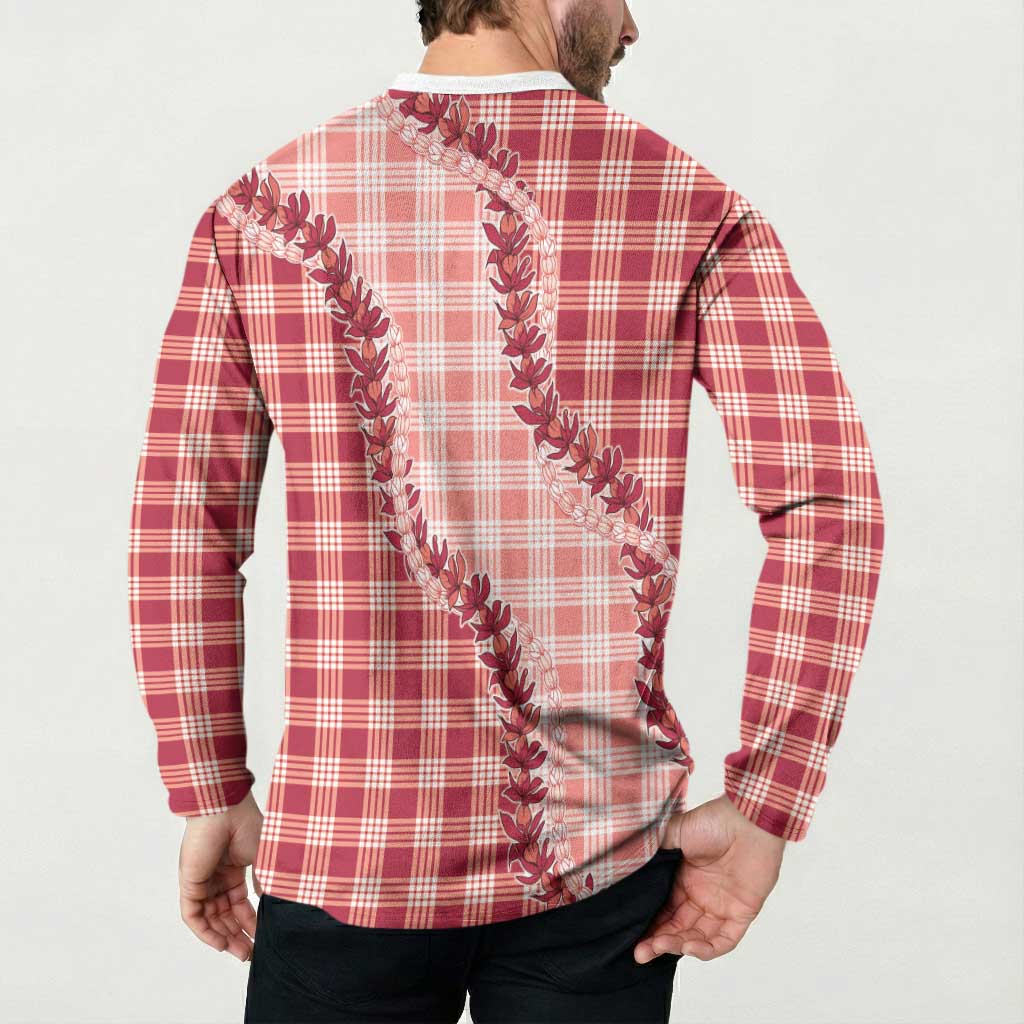 Red Hawaii Palaka Button Sweatshirt Hawaiian Pikake Lei