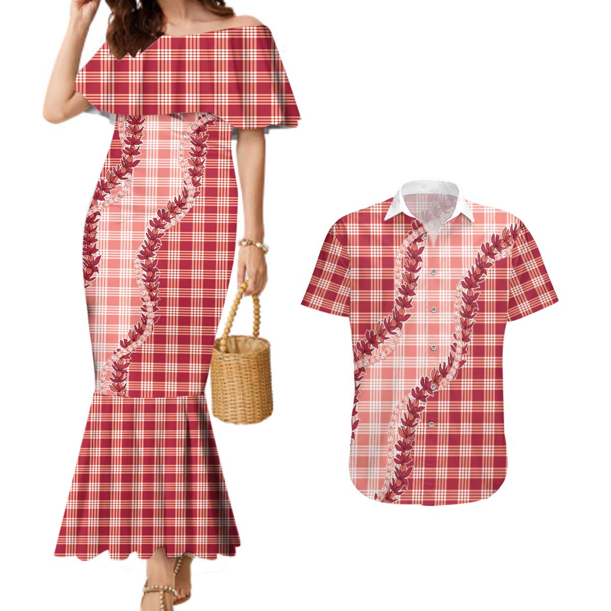 Red Hawaii Palaka Couples Matching Mermaid Dress and Hawaiian Shirt Hawaiian Pikake Lei LT05 Red - Polynesian Pride