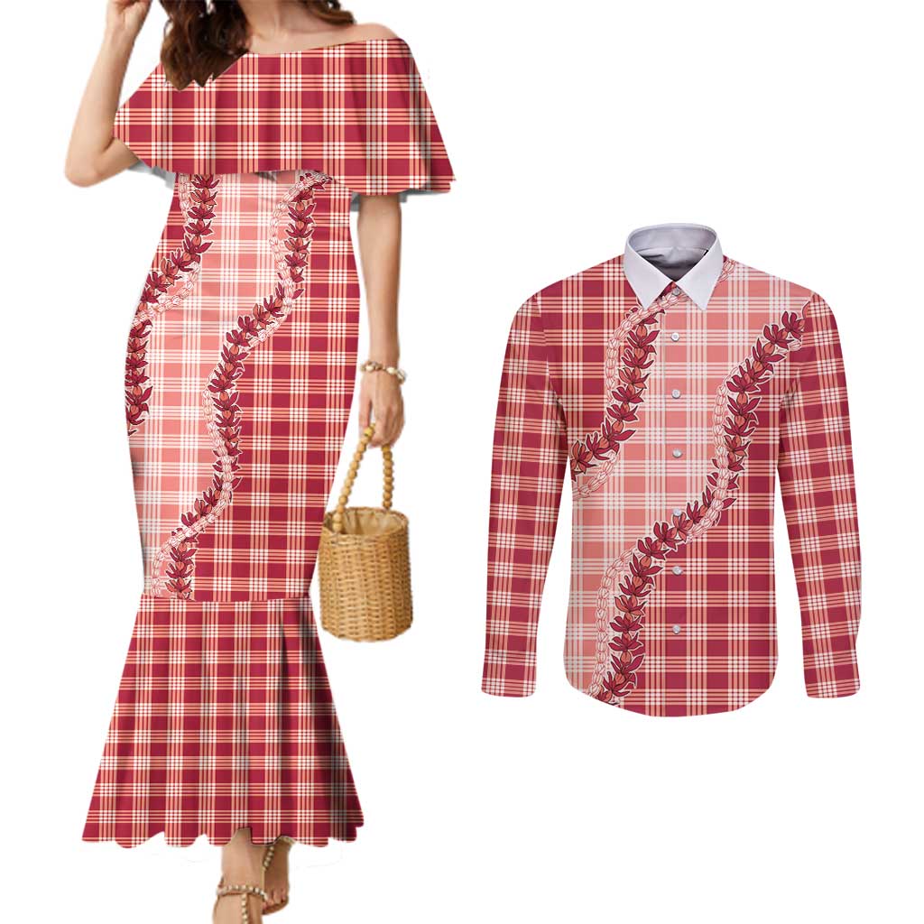 Red Hawaii Palaka Couples Matching Mermaid Dress and Long Sleeve Button Shirt Hawaiian Pikake Lei LT05 Red - Polynesian Pride