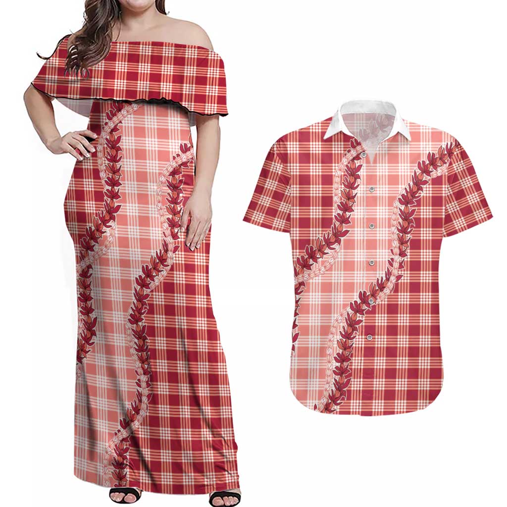 Red Hawaii Palaka Couples Matching Off Shoulder Maxi Dress and Hawaiian Shirt Hawaiian Pikake Lei LT05 Red - Polynesian Pride