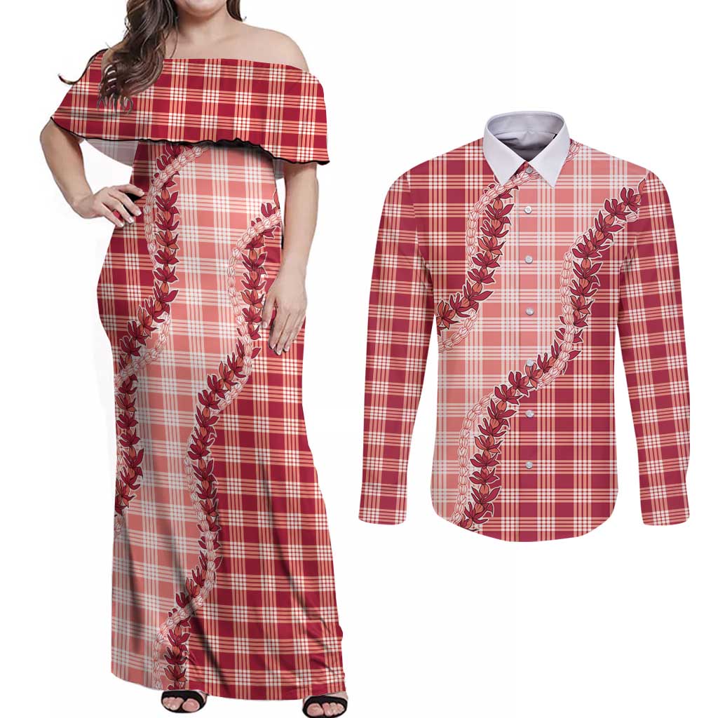 Red Hawaii Palaka Couples Matching Off Shoulder Maxi Dress and Long Sleeve Button Shirt Hawaiian Pikake Lei LT05 Red - Polynesian Pride
