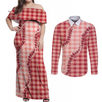 Red Hawaii Palaka Couples Matching Off Shoulder Maxi Dress and Long Sleeve Button Shirt Hawaiian Pikake Lei LT05 Red - Polynesian Pride