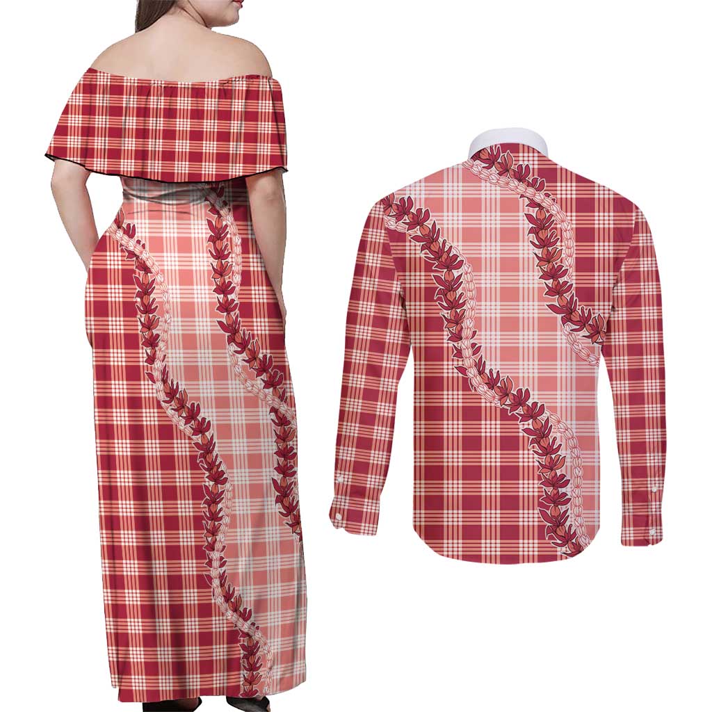 Red Hawaii Palaka Couples Matching Off Shoulder Maxi Dress and Long Sleeve Button Shirt Hawaiian Pikake Lei LT05 - Polynesian Pride