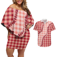 Red Hawaii Palaka Couples Matching Off Shoulder Short Dress and Hawaiian Shirt Hawaiian Pikake Lei