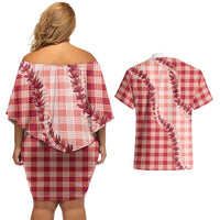 Red Hawaii Palaka Couples Matching Off Shoulder Short Dress and Hawaiian Shirt Hawaiian Pikake Lei