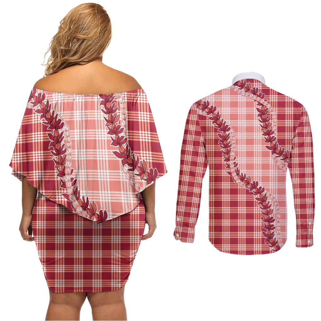 Red Hawaii Palaka Couples Matching Off Shoulder Short Dress and Long Sleeve Button Shirt Hawaiian Pikake Lei LT05 - Polynesian Pride