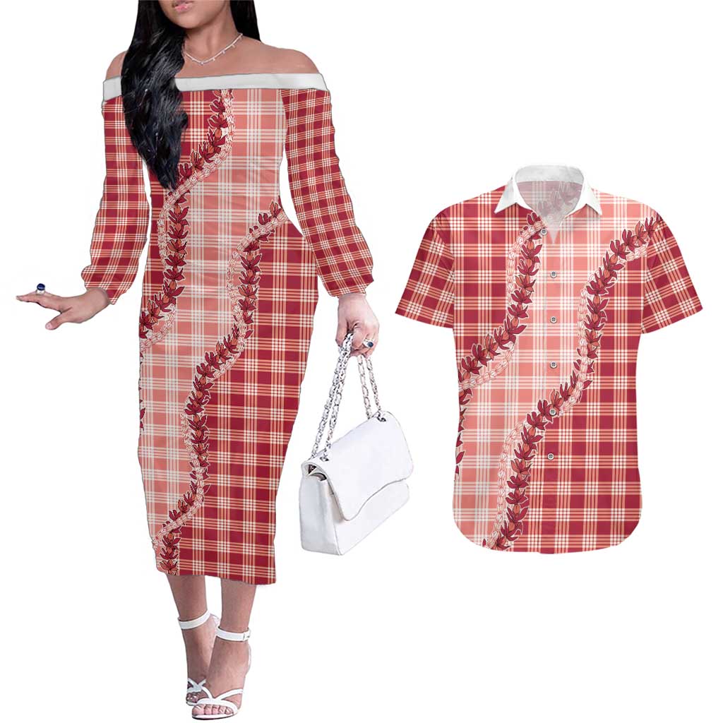 Red Hawaii Palaka Couples Matching Off The Shoulder Long Sleeve Dress and Hawaiian Shirt Hawaiian Pikake Lei LT05 Red - Polynesian Pride
