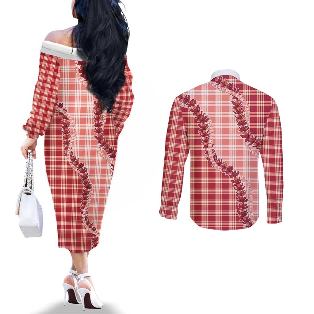 Red Hawaii Palaka Couples Matching Off The Shoulder Long Sleeve Dress and Long Sleeve Button Shirt Hawaiian Pikake Lei