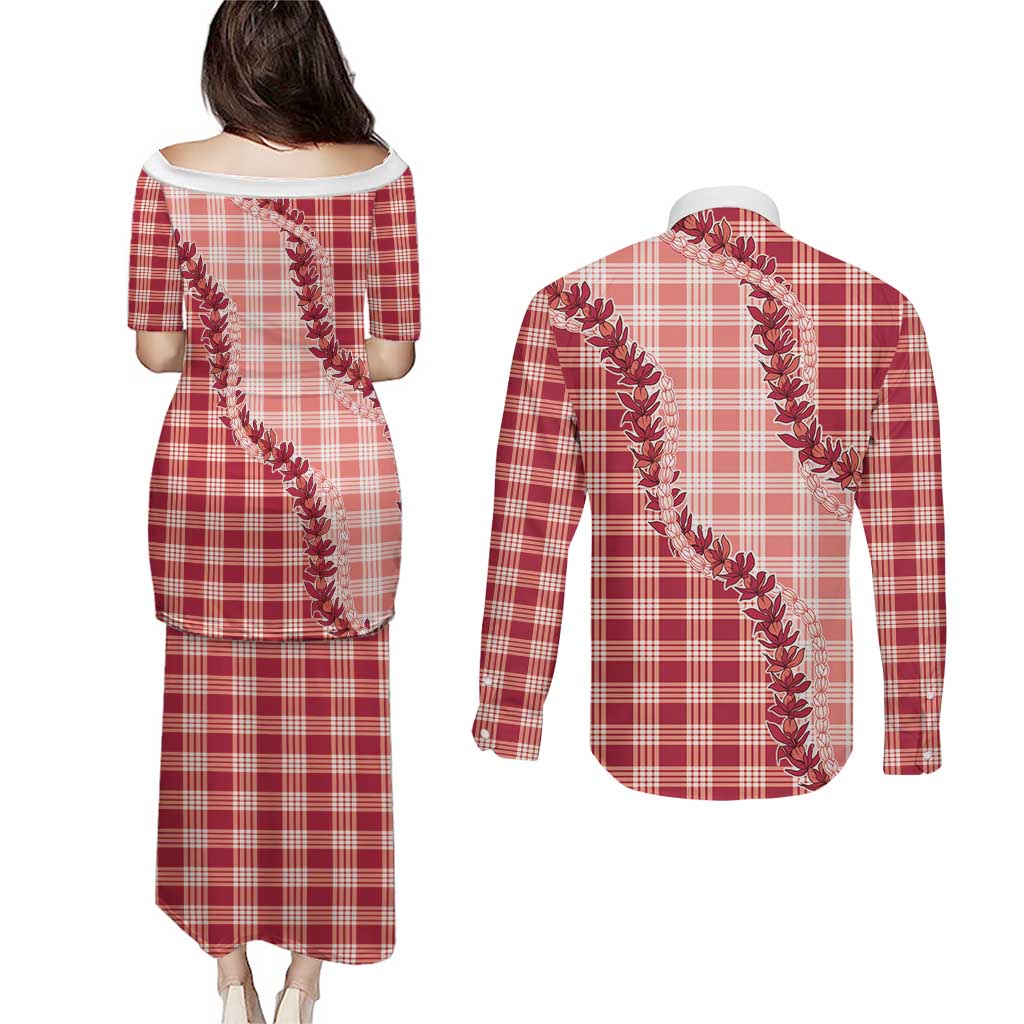 Red Hawaii Palaka Couples Matching Puletasi and Long Sleeve Button Shirt Hawaiian Pikake Lei LT05 - Polynesian Pride