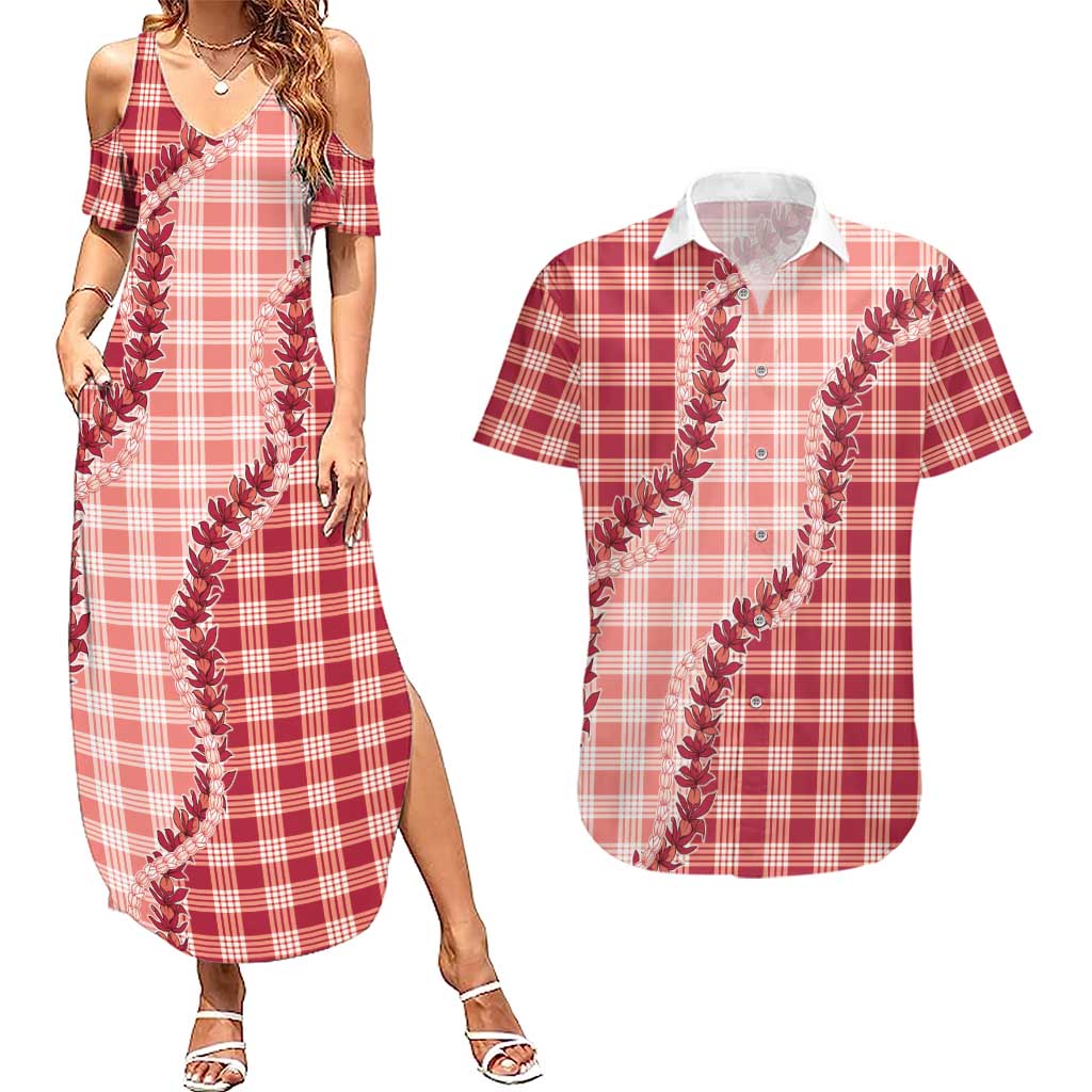 Red Hawaii Palaka Couples Matching Summer Maxi Dress and Hawaiian Shirt Hawaiian Pikake Lei LT05 Red - Polynesian Pride