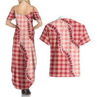 Red Hawaii Palaka Couples Matching Summer Maxi Dress and Hawaiian Shirt Hawaiian Pikake Lei LT05 - Polynesian Pride