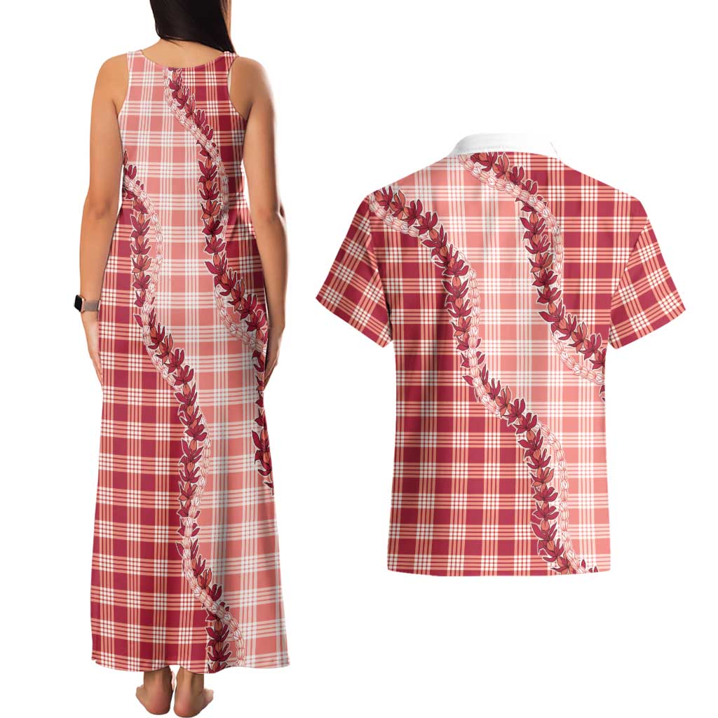 Red Hawaii Palaka Couples Matching Tank Maxi Dress and Hawaiian Shirt Hawaiian Pikake Lei LT05 - Polynesian Pride