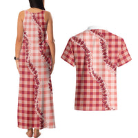 Red Hawaii Palaka Couples Matching Tank Maxi Dress and Hawaiian Shirt Hawaiian Pikake Lei LT05 - Polynesian Pride