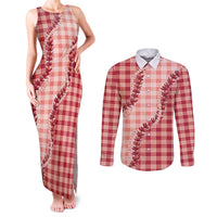 Red Hawaii Palaka Couples Matching Tank Maxi Dress and Long Sleeve Button Shirt Hawaiian Pikake Lei LT05 Red - Polynesian Pride