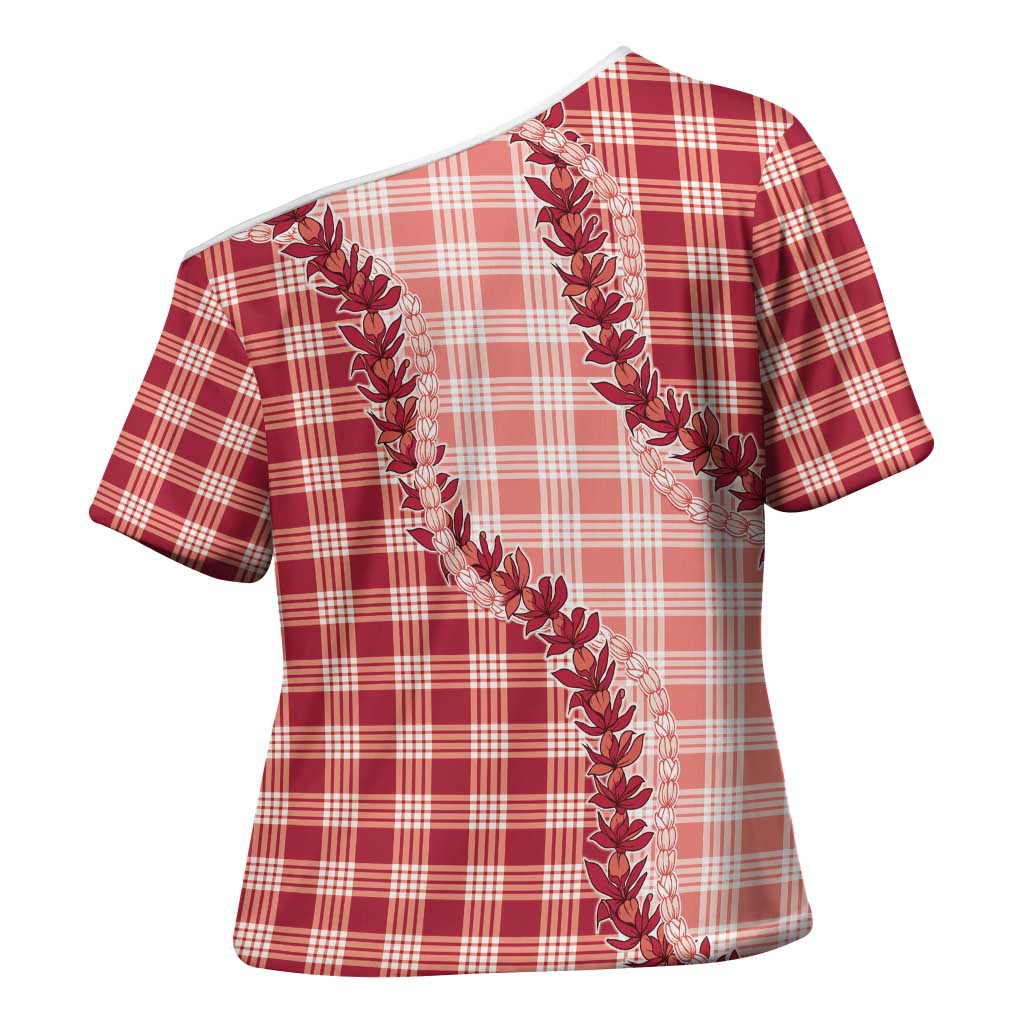 Red Hawaii Palaka Cross Shoulder Shirt Hawaiian Pikake Lei LT05 - Polynesian Pride