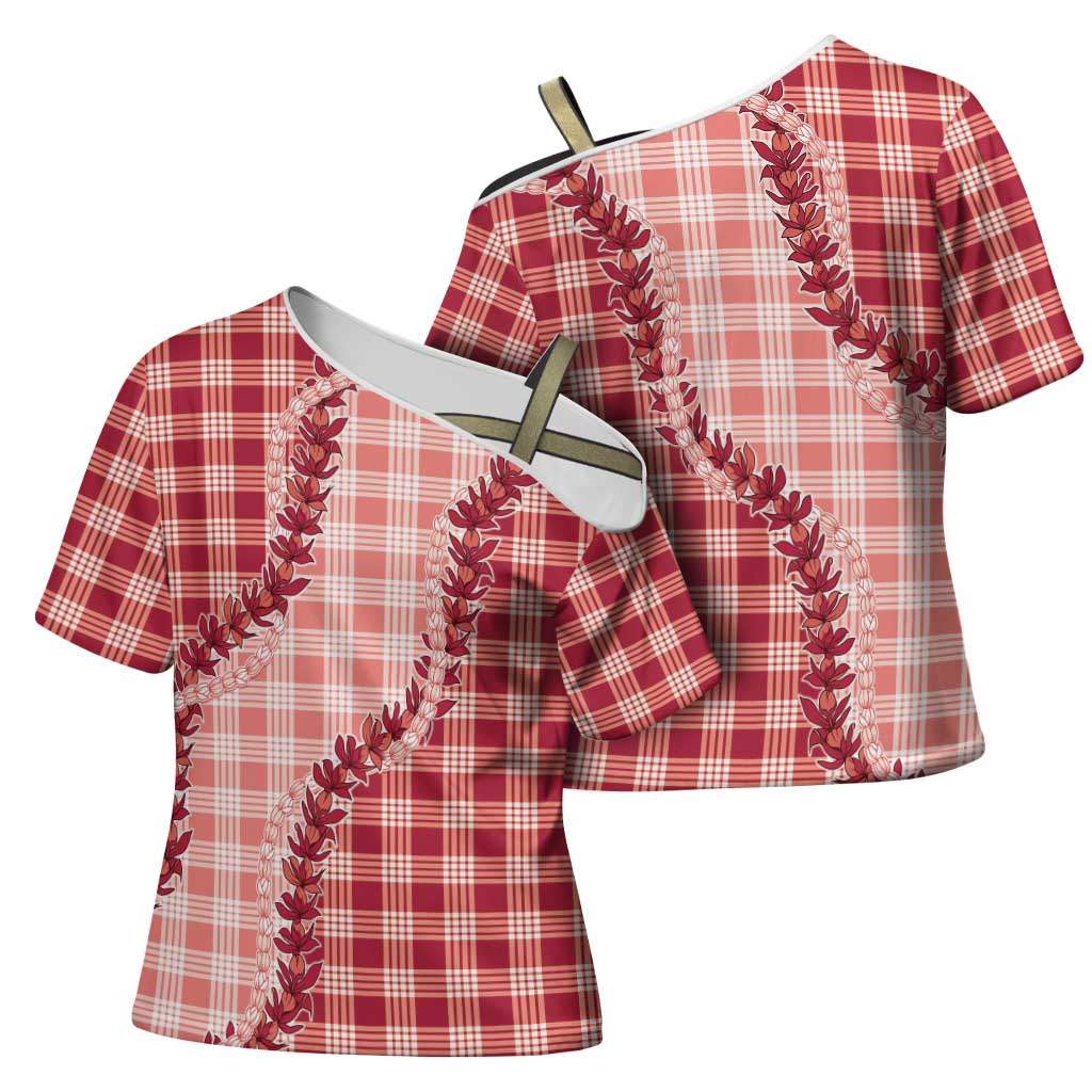 Red Hawaii Palaka Cross Shoulder Shirt Hawaiian Pikake Lei LT05 - Polynesian Pride