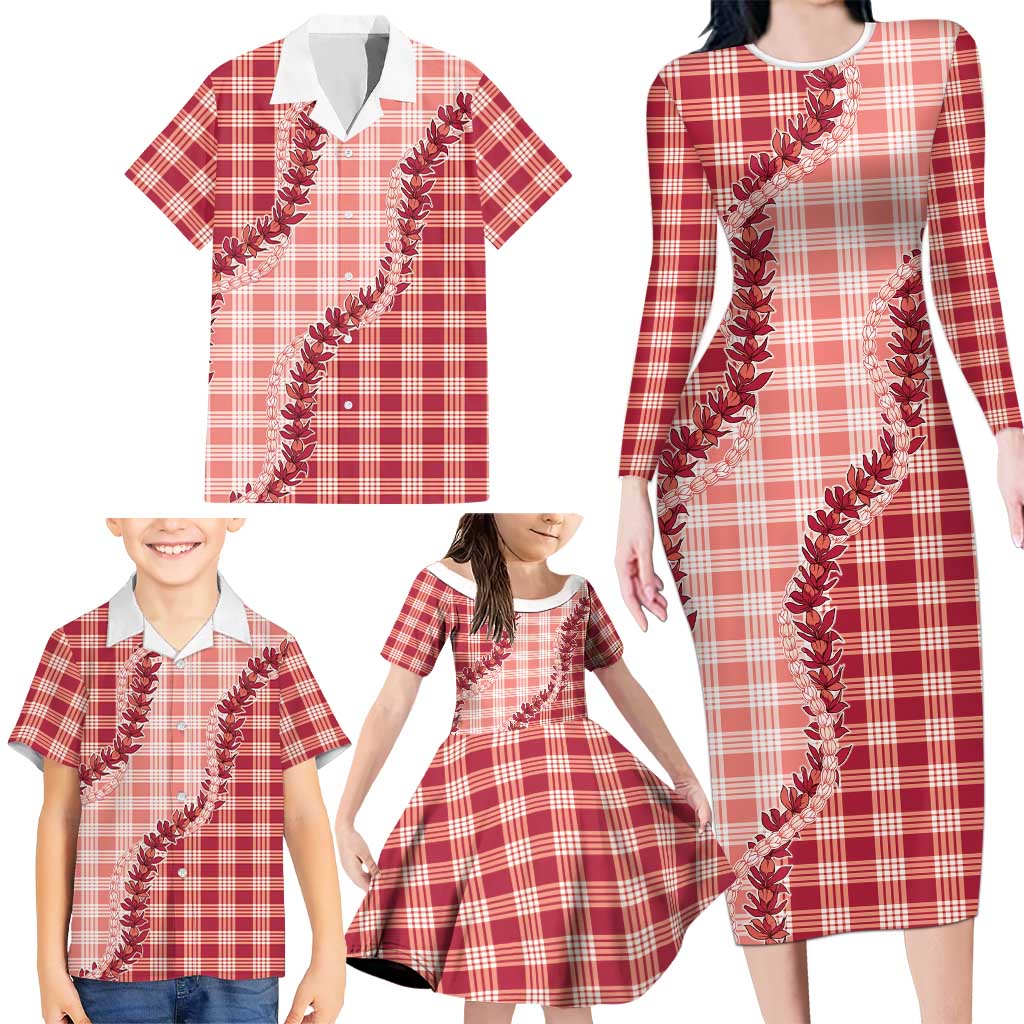 Red Hawaii Palaka Family Matching Long Sleeve Bodycon Dress and Hawaiian Shirt Hawaiian Pikake Lei