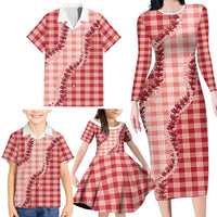 Red Hawaii Palaka Family Matching Long Sleeve Bodycon Dress and Hawaiian Shirt Hawaiian Pikake Lei