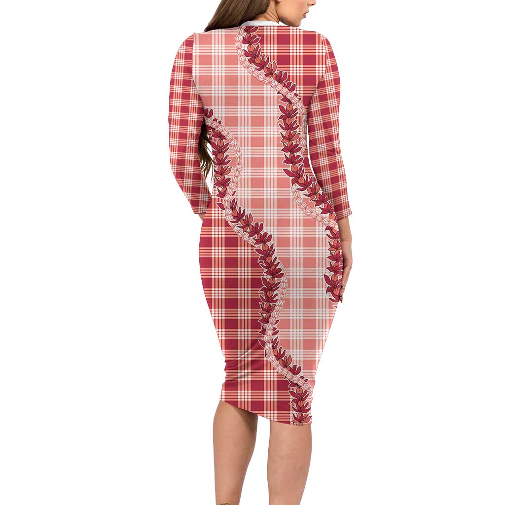 Red Hawaii Palaka Family Matching Long Sleeve Bodycon Dress and Hawaiian Shirt Hawaiian Pikake Lei