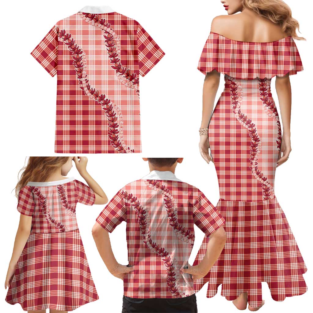 Red Hawaii Palaka Family Matching Mermaid Dress and Hawaiian Shirt Hawaiian Pikake Lei