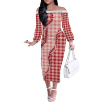 Red Hawaii Palaka Family Matching Off The Shoulder Long Sleeve Dress and Hawaiian Shirt Hawaiian Pikake Lei