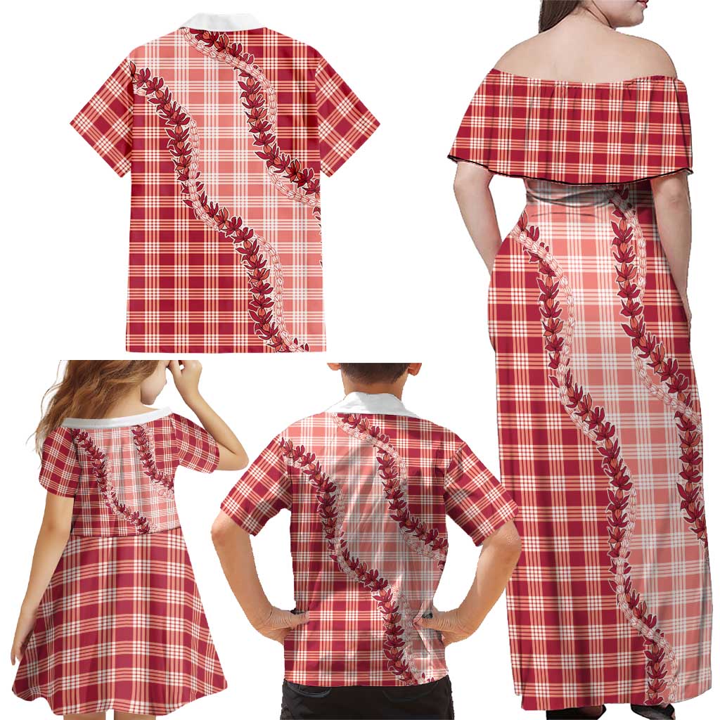 Red Hawaii Palaka Family Matching Off Shoulder Maxi Dress and Hawaiian Shirt Hawaiian Pikake Lei