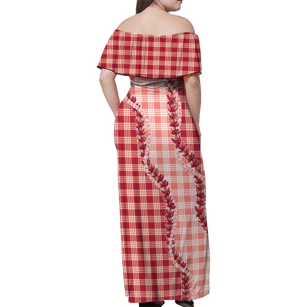 Red Hawaii Palaka Family Matching Off Shoulder Maxi Dress and Hawaiian Shirt Hawaiian Pikake Lei